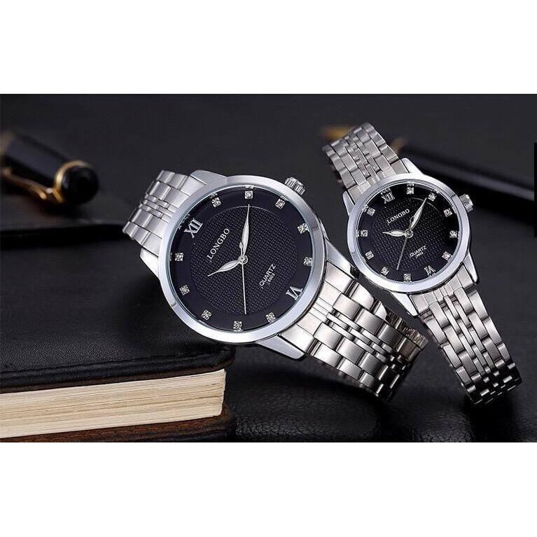 นาฬิกา Longbo Watch ชุด คู่รัก สายเลสสีเงิน หน้าปัดสีดำ สินค้าของแท้ กันน้ำได้ พร้อมกล่องหนังสุดหรู