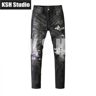 Amiri Knee Patchwork Style Washed Damaged Retro Slim High Street Jeans Mens Fashion