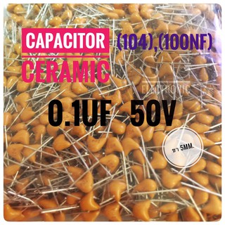 ((ชุด50ชิ้น)) C 0.1uF 50V ขา5มิล (104), (100nF) Capacitor Ceramic