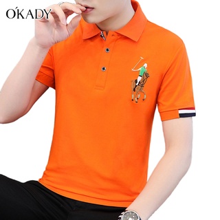 OKADY 2022 เสื้อโปโลผู้ชายฤดูร้อนใหม่ผ้าฝ้ายปกแฟชั่นลำลองสีทึบพิมพ์เสื้อยืดแขนสั้น