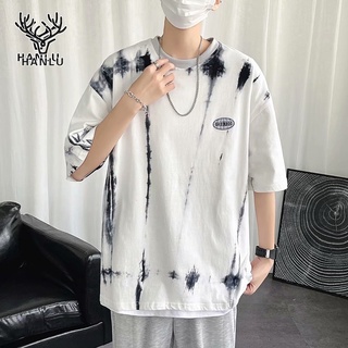 HANLU เสื้อเทสดี เสื้อยืดแขนสั้นผู้ชายมัดย้อมสไตล์ญี่ปุ่น INS หลวมคอกลมแขนสั้นเสื้อเชิ้ตหลวม