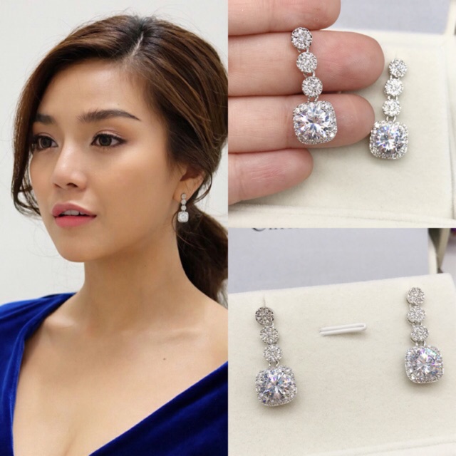 (สินค้า​พร้อมส่งค่ะ ) ต่างหูเพชร CZ เม็ดกลมแบบต่อ 3 เม็ดปลายเพชรกลมล้อม 1 แถว​ ต่างหูเจ้าสาว​