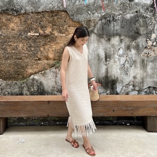 Weftloom Naturel Tunic Dress เดรสยาวผ้าทวีต สีครีม ivory