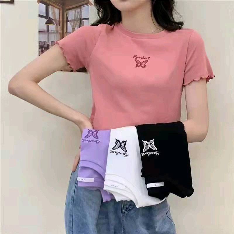 SHOP MKLเสื้อครอปไหมพรม เอวลอย เเขนสั้นผู้หญิง ปักผีเสื้อ#5150 – โปรปัง