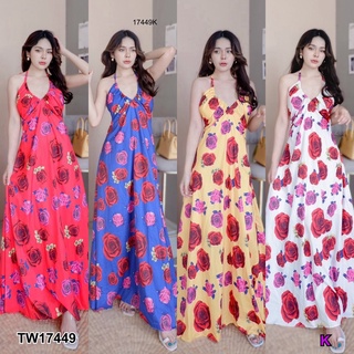 17449 Dress แม็กซี่เดรสคล้องคอ ผูกโบว์หลัง พิมลายดอกกุหลาบ Halter neck maxi dress, bow tie at the back, rose print