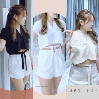 🤎 Frisky top 🤎 - crop top - ครอปท็อปผ้าลินิน โบว์เอว - purrrstyle