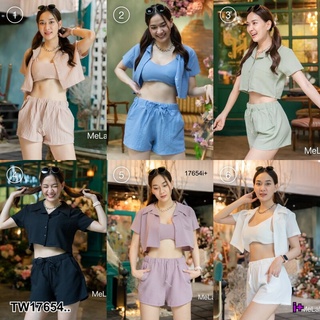 Set 3 ชิ้น เสื้อเชิ้ตทรงครอป แขนสั้น + Bra สายเดี่ยว +กางเกางขาสั้นทรงสวย ผ้าแคนดี้สีพื้นสวย AP17654