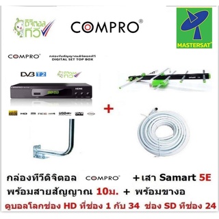 Mastersat กล่องทีวีดิจิตอล  Compro+เสา5E พร้อมสายสัญญาณ 10เมตร +พร้อมขางอ เสาอากาศทีวีดิจิตอล