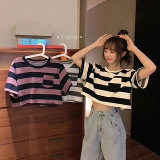 🎀YUKI🎀พร้อมส่ง👚CF0403 เสื้อครอปไหมพรมลายทาง เสื้อไหมพรมแขนสั้นคอกลมมีกระเป๋า