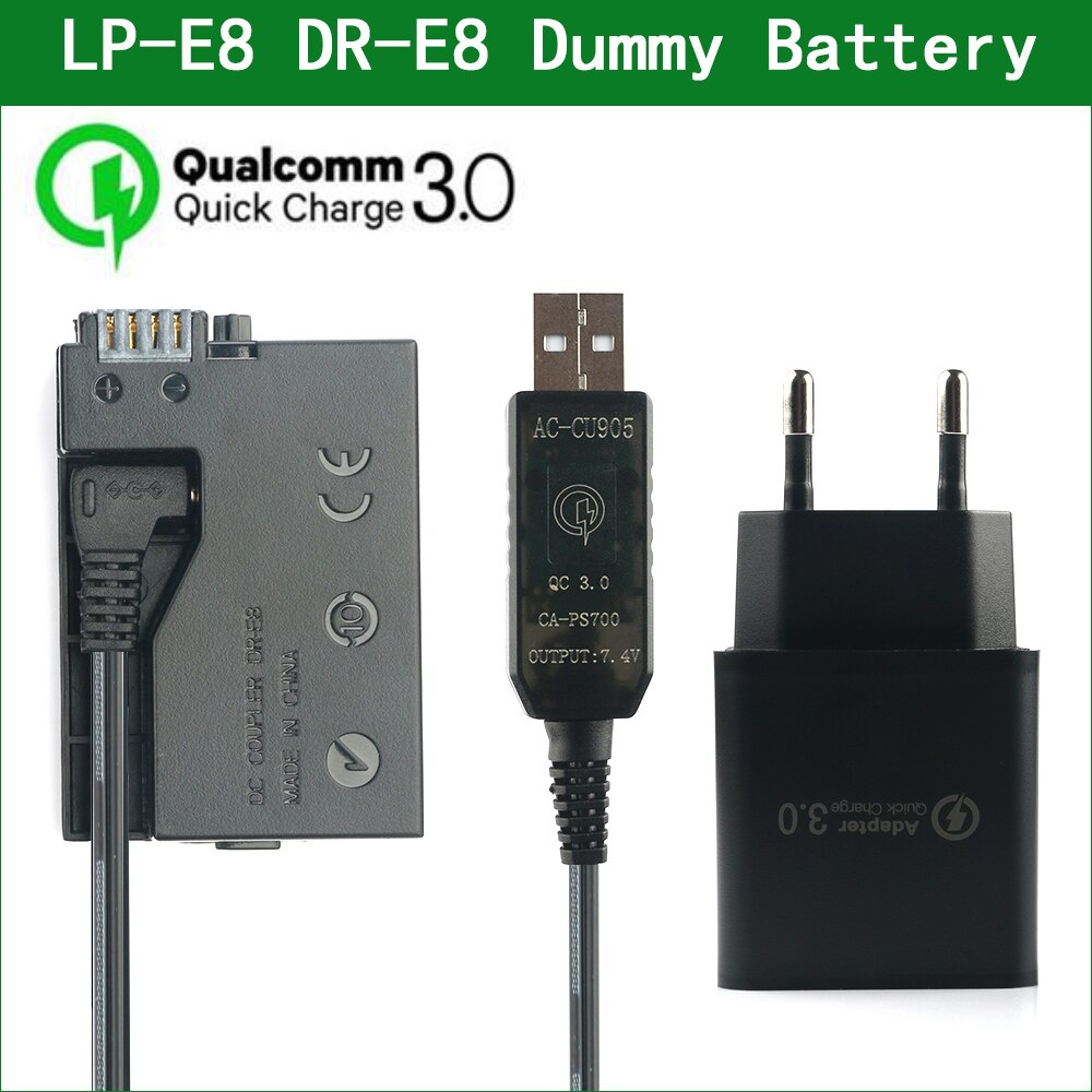 QC3.0 USB TO LP E8 ACK E8 USB ไดรฟ์สาย ACK-E8 DR-E8 DC Coupler สําหรับ Canon EOS 550D 600D 650D 700D