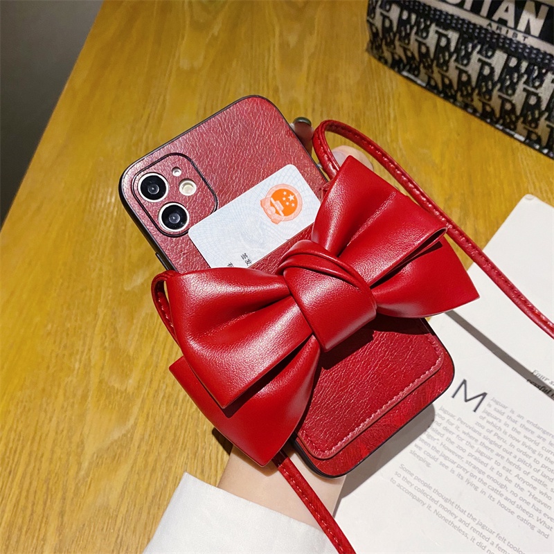 ◈✙❏Zhanyuan ใหม่ iphone13promax messenger bowknot การ์ดกรณีโทรศัพท์มือถือ 11Pro หญิง apple 12 การ์ดสีแดง xsmax สายคล้อง