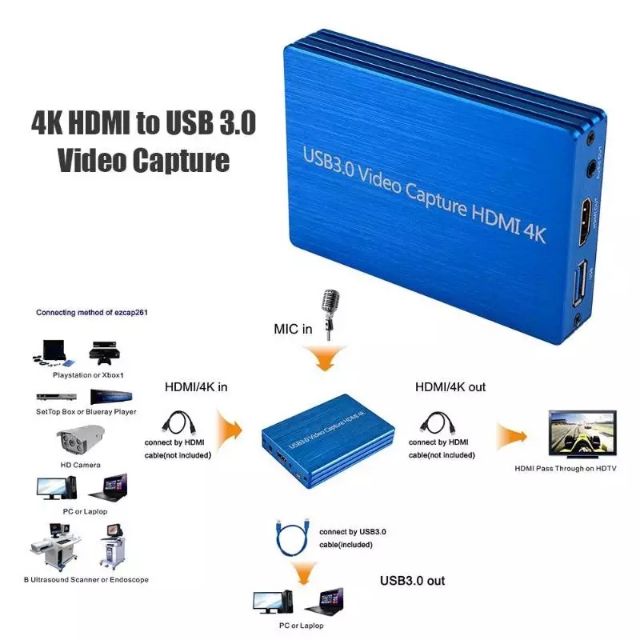 HDMI Capture Card USB 3.0 to HDMI 4K | Game Live Streaming Plug and Play | สีเทา
