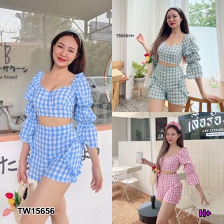 TwinsShopVip💗พร้อมส่ง TW15656 set 2 ชิ้น เสื้อคอกว้างแขนยาวยางยืด 2 ชั้น ลายสก็อต + กางเกงขาสั้นลายสก็อตปักระบ