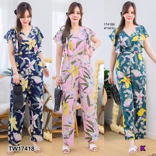 MF17418 Jumpsuit #สาวอวบ จั้มสูทคอวี แต่งระบาย จั้มเอว ขายาว ทรงกระบอก เนื้อผ้า 100D พิมพ์ลาย ทรงสวย ใส่สบาย มีติดตู้