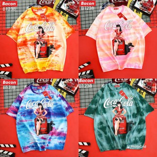 มีเก็บเงินปลายทาง👉เสื้อยืดโอเว่อร์ไซส์ มัดย้อม สกรีนลายCoca Cola🌈พร้อมส่ง