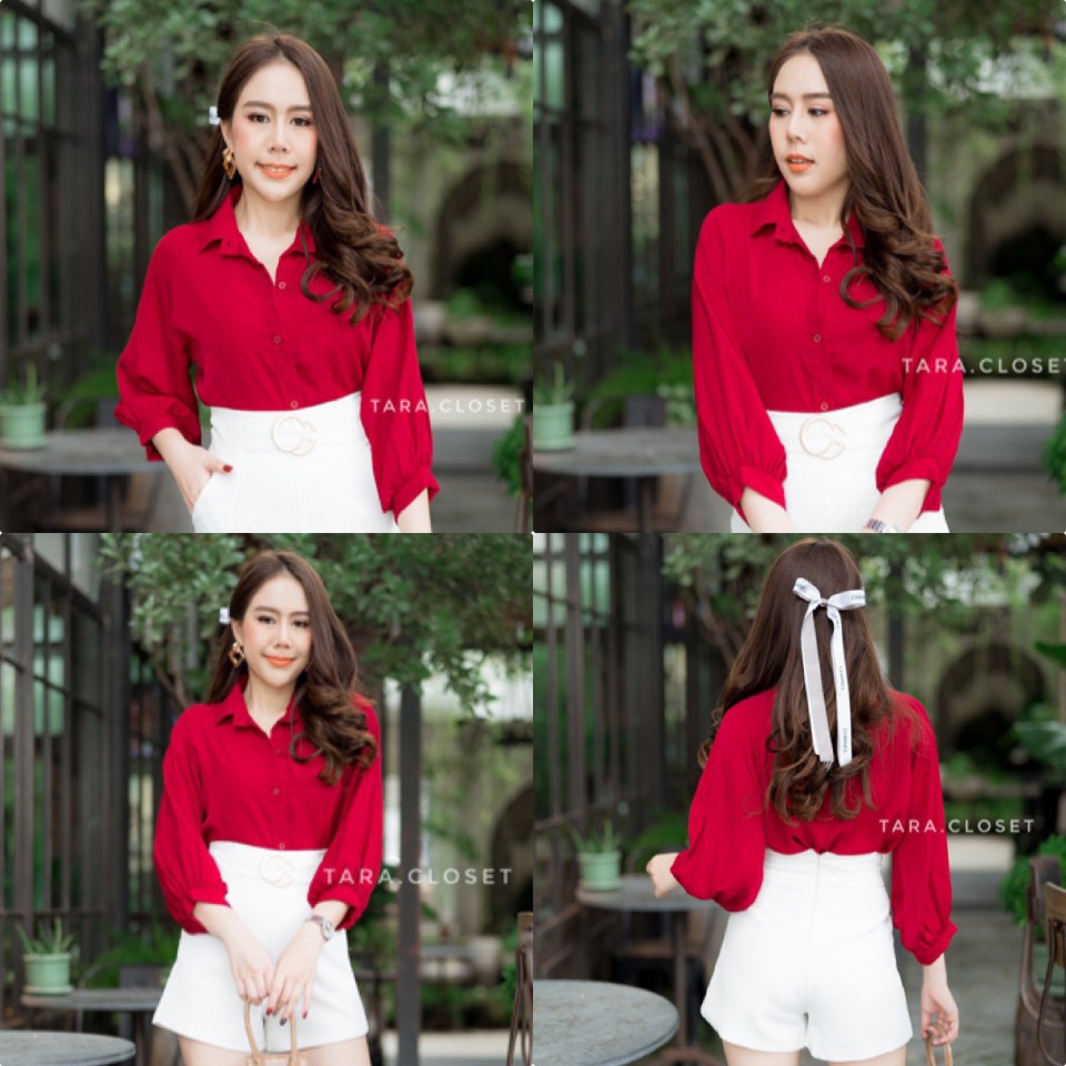 VA016 TARA Shirt เสื้อเชิ้ต ไหล่สโลป แขน 5 ส่วน เนื้อผ้าฝ้าย ผ้าดี ผ้าไม่ต้องรีด ใส่สบาย ไม่ร้อน