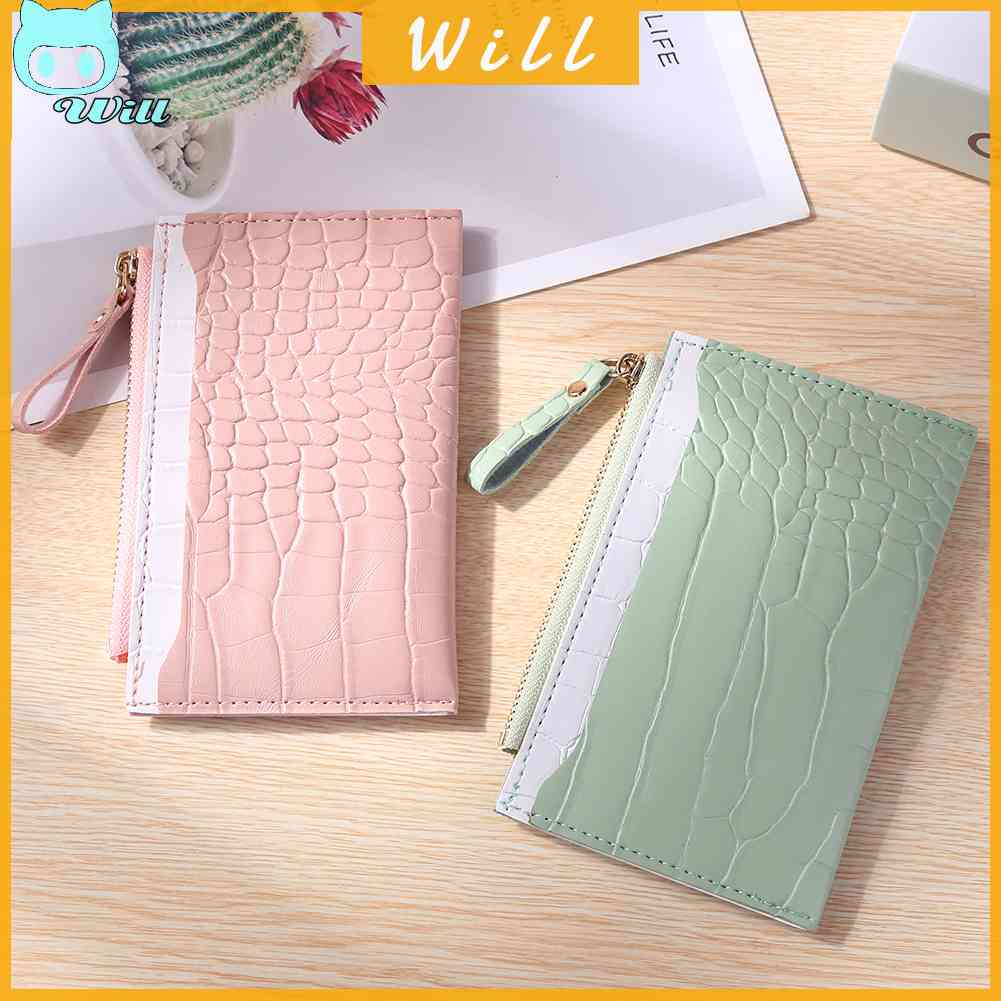 กระเป๋าสตางค์ลําลอง หนัง PU ใบเล็ก ใส่บัตรได้ สีตัดกัน แฟชั่นสําหรับสตรี