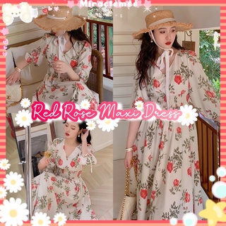 Red Rose พร้อมส่ง Maxi Dress เดรสลายดอกกุหลาบ แขน3ส่วน โทนสีขาว สม็อคช่วงเอว เก๋ๆ เดรสแขนตุ๊กตา เดรสสม็อค งานป้าย