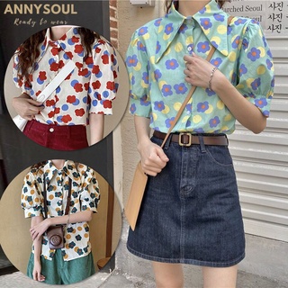 เสื้อแขนสั้นคอปก เสื้อพิมพ์ลายดอกไม้ เสื้อเชิ้ตเนื้อผ้านิ่มใส่สบาย