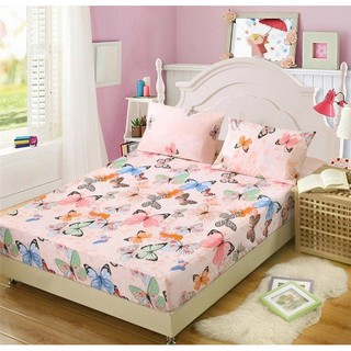 kungking 001125 ผ้าปูที่นอน ขนาด 6 ฟุต 5 ฟุต 3.5 ฟุต สีชมพูอ่อน ลวดลายผีเสือ วินเทจ fit sheet