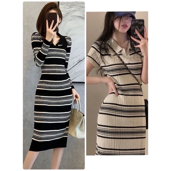 สินค้าเข้าใหม่พร้อมส่ง เดรสไหมพรมคอปกวีแฟชั่นทรงรัดรูปลายทางแขนสั้น+แขนยาว