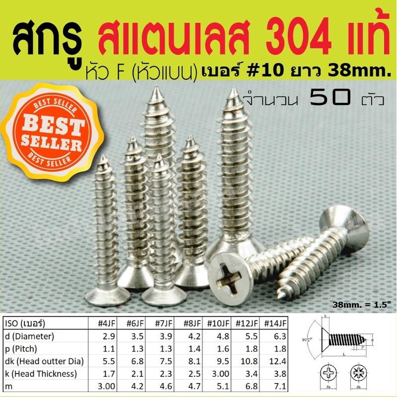 สกรูเกลียวปล่อย สแตนเลส 304 แท้ หัว F เบอร์ #10 (จำนวน 50 ตัว)