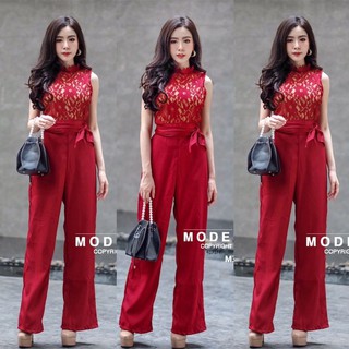 🧥H4171-RED Jumpsuit  จั้มมสูทขายาว คอปีนแต่งด้วยผ้าลูกไม้ แขนกุด ช่วงบนตัดเย็บด้วยผ้าลูกไม้ ตัดต่อด้วยงานผ้าซาร่า