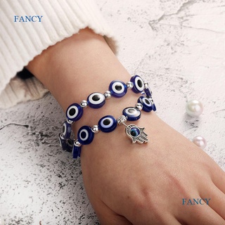 Fancy สร้อยข้อมือแฟชั่น จี้ลูกปัดคริสตัล รูปดวงตาปีศาจ สีฟ้า ประดับเพชร ยืดหยุ่น