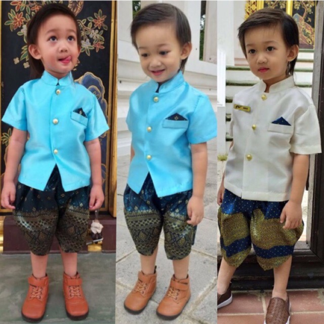 022 ชุดไทยเด็กชาย หญิง ชุดไทยสีฟ้า ชุดราชปะแตน ชุดไทยเด็ก โจงกระเบน