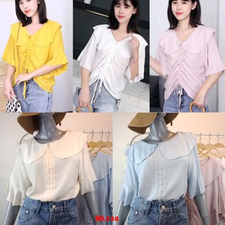 🍓พร้อมส่ง🍓เสื้อผ้านุ่ม สวยๆคอปก มีเชือกดึงด้านหน้า