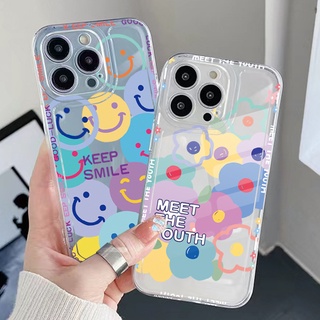 เคสเจล TPU ใส ขอบสี่เหลี่ยม กันกระแทก ลายดอกไม้ หน้ายิ้ม สําหรับ Samsung Galaxy S22 Plus Note 20 Ultra 10 S21 FE S20