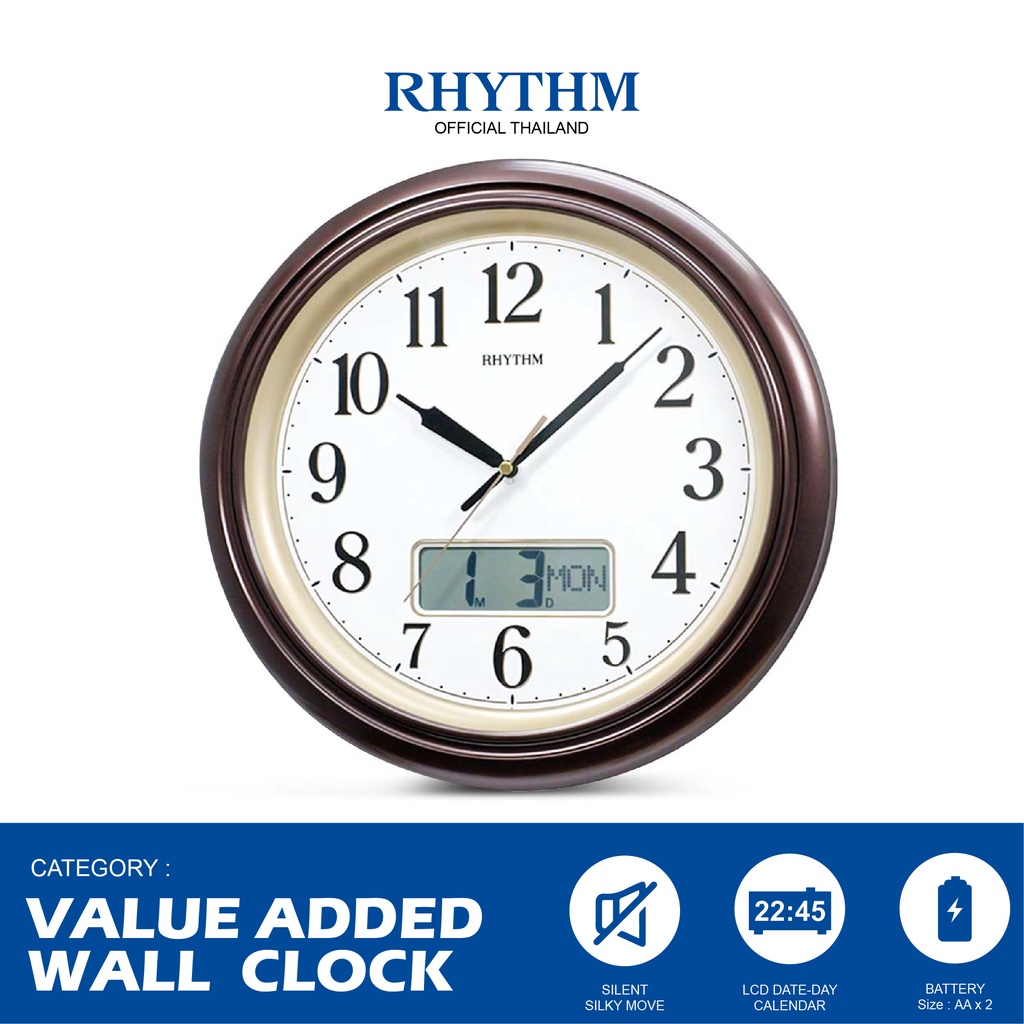 นาฬิกาแขวนผนัง RHYTHM นาฬิกาทรงกลม นาฬิกาตกแต่งบ้าน ขนาด 34 ซม. เครื่องเดินเงียบ มีหน้าจอแสดงปฎิทิน