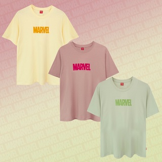 เสื้อยืดผ้าฝ้ายพิมพ์ลายแฟชั่นMarvel Men&amp;Women logo Flock Print T-Shirt - เสื้อมาร์เวลผู้ชายพิมพ์กำมะหยี่ ผ้า Cotton 100%