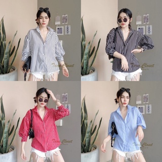 IT063 TARA Shirt เสื้อเชิ้ตคอปก ลายริ้ว แขนพอง จั๊มปลายแขน มีกระดุมด้านหน้า ดีไซน์เก๋ ผ้าไหมอิตาลี อย่างดี ผ้าไม่หนามาก