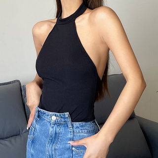 W[]-Women´s Sleeveless Halter Neck Bodysuit, Solid Color Backless Tight-Fitting Triangular Jumpsuit, Leisure Style