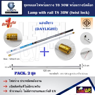 (แพ็ค 2 ชุด) IWACHI ชุดหลอดไฟนีออนพร้อมราง LED T8 30W ขั้วสีทอง พร้อมรางบิดขาล็อก แสงสีขาว