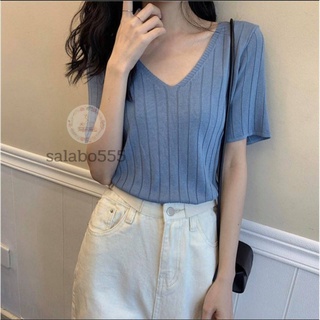 SALABO(พร้อมส่ง) เสื้อไหมพรม คอวี (สีพื้น) ลายเส้นใหญ่ ผ้านิ่มใส่สบาย #A068
