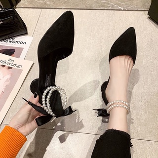 ◄✔One Word Buckle High Heels Womens Thick Heel 2022 Summer New Korean Style Temperament Suede Pointed Shallow Mouth Pea