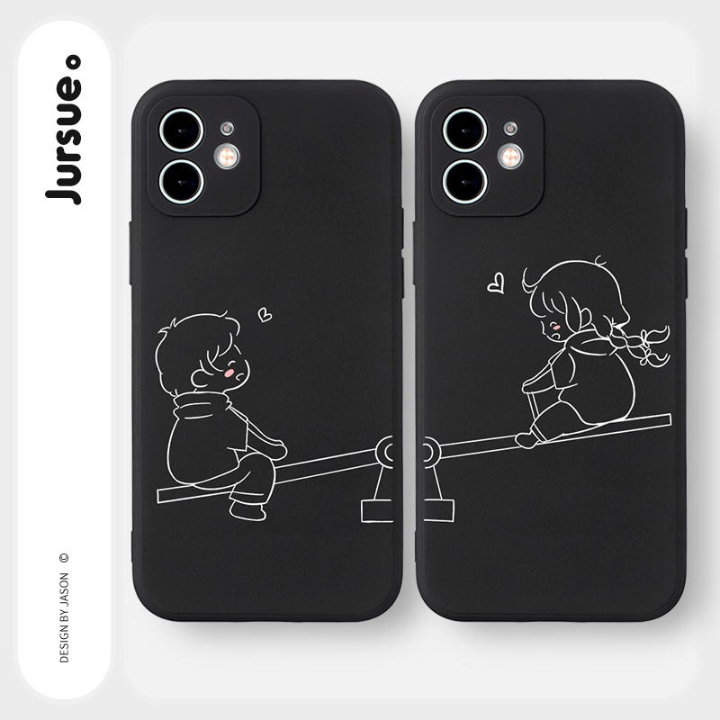 JURSUE เคสคู่ เคสไอโฟน คู่รัก ขอบเหลี่ยมกันกระแทกซิลิโคนนุ่มน่ารักตลก เคสโทรศัพท์ Compatible for iPhone 17 16 15 14 13 12 11 Pro Max SE 2020 X XR XS 8 7 Plus พลัส  สีดำ Y1633