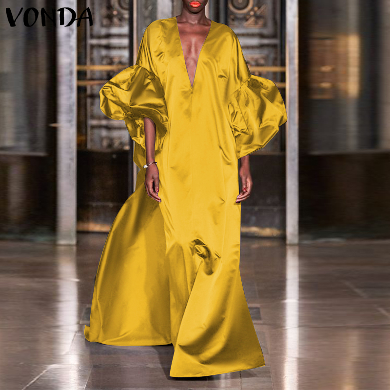 Vonda ชุดแม็กซี่เดรสแขนยาวคอวีสีพื้นสําหรับผู้หญิง