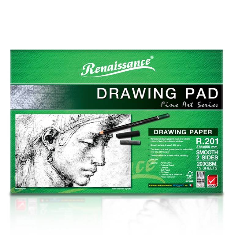 Renaissance กระดาษวาดเขียน กระดาษร้อยปอนด์ ผิวเรียบ 2 ด้าน  เรนาซองส์ ขนาด15x22 นิ้ว (A2) รุ่น R201 