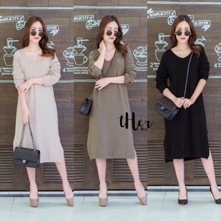 Korean V Knit Long Dress