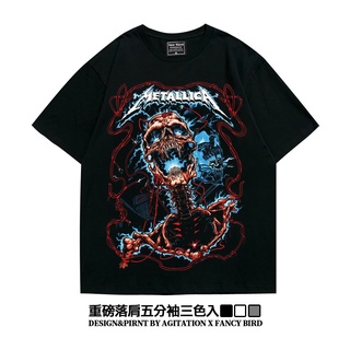 เสื้อยืดสีขาว☽American ins high street metallica drop shoulder heavy rock five-point sleeve oversize short-sleeved T-shi