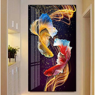 (พร้อมส่ง) ภาพติดเพชร ครอสติสคริสตัล diamond painting ภาพตกแต่งบ้าน Lucky Double Fishes ศิลปะ DIY 5D #Y577,8014,sh148