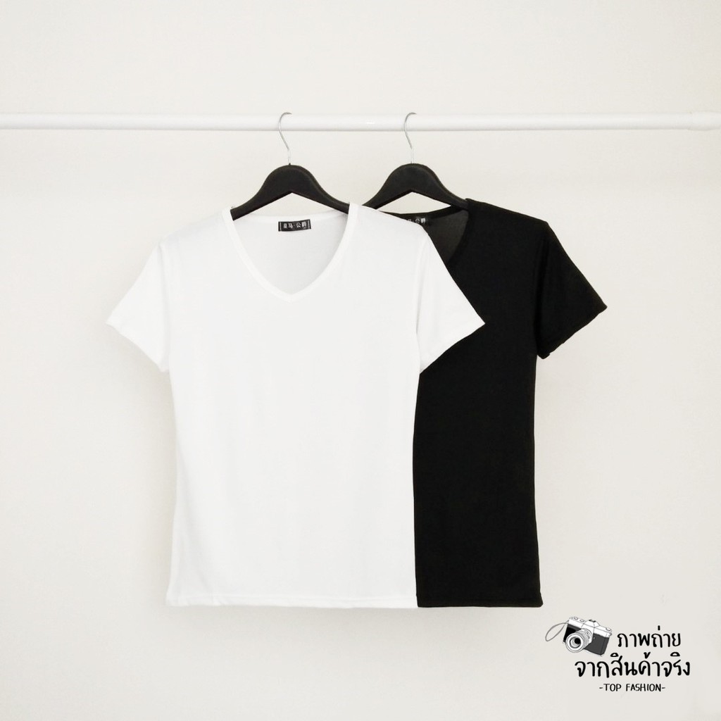 🔥พร้อมส่งไทย ราคาถูก🔥เสื้อยืดสีพื้น คอวี แขนสั้น ผ้าคอตตอน บางเบา ใส่สบาย มี 2 สี แฟชั่น - รูปที่ 5