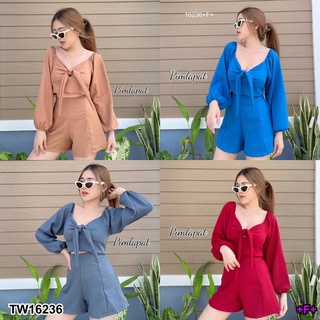 TwinsShopVip💗พร้อมส่ง TW16236 Set 2 ชิ้น เสื้อแขนยาวจั้มผูกโบว์ + กางเกงขาสั้น