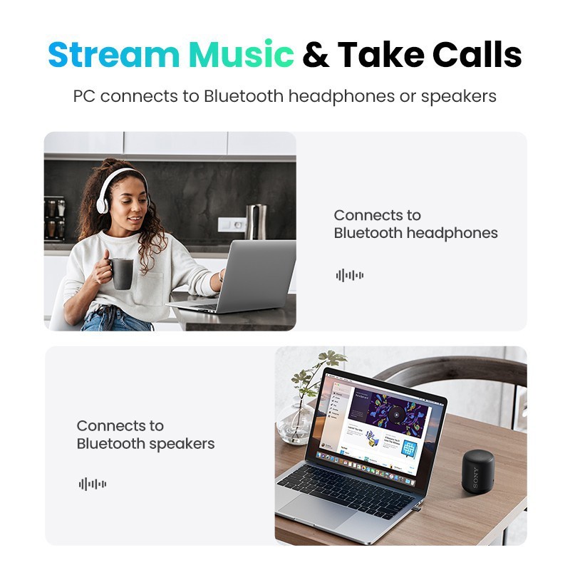 UGREEN รุ่น 80889 USB Bluetooth 5.0 รับ-ส่งสัญญาณ Bluetoothสําหรับหูฟัง, เม้า, คีบอร์ด ไร้สาย *รองรับเฉพาะ PC, Notebook