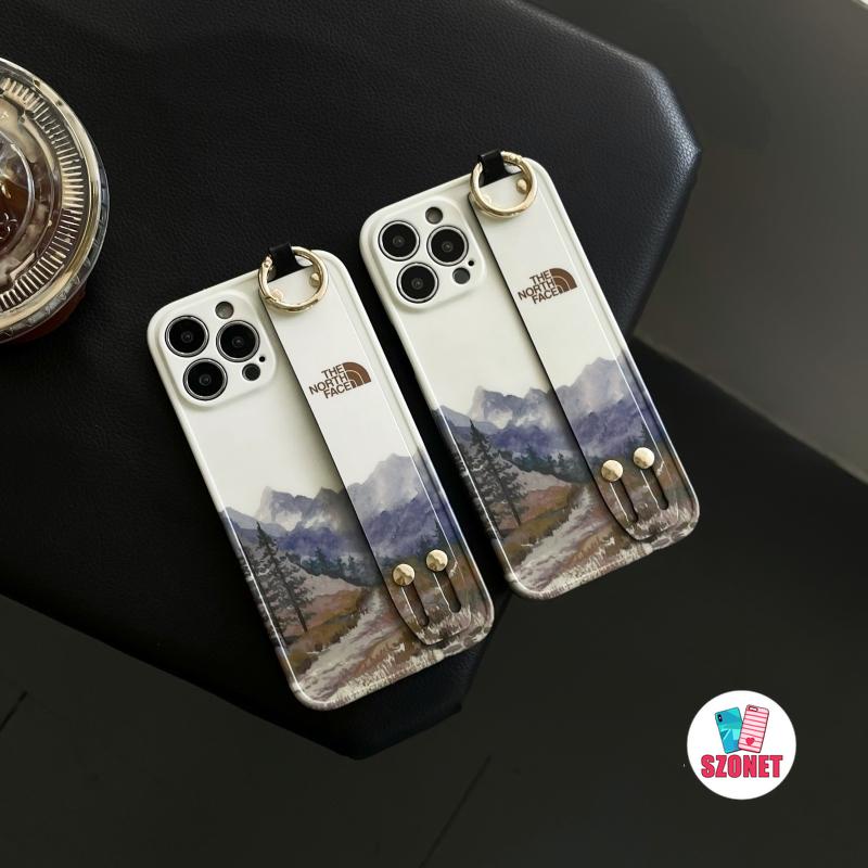 เคสโทรศัพท์มือถือ ลายภาพวาดภูเขาหิมะเหนือ พร้อมสายรัดข้อมือ ป้องกันเต็มเลนส์ สําหรับ iPhone 14 13 12 11 Pro Max Plus