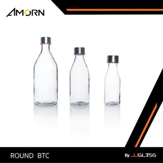 JJGLASS - (AMORN ) ROUND  BTC  - ขวดแก้วกลม ขวดน้ำผลไม้ ขวดน้ำ ขวดใส ฝาอลูมิเนียม เนื้อใส