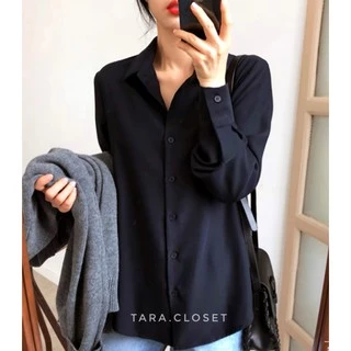 IT022 TARA Shirt Black เสื้อเชิ้ตสีดำคอปก แขนยาว สีคลาสสิค ใส่ได้ตลอด ผ้าไหมอิตาลี ผ้าใส่สบาย ไม่ร้อน